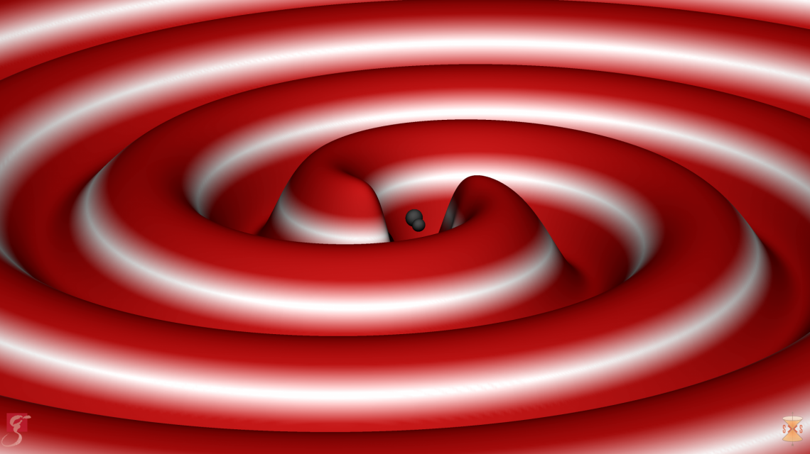 Visualization of gravitational waves produced as two black holes merge  (Credits: S. Ossokine, A. Buonanno, R. Haas /AEI, Simulating eXtreme Spacetime project) 